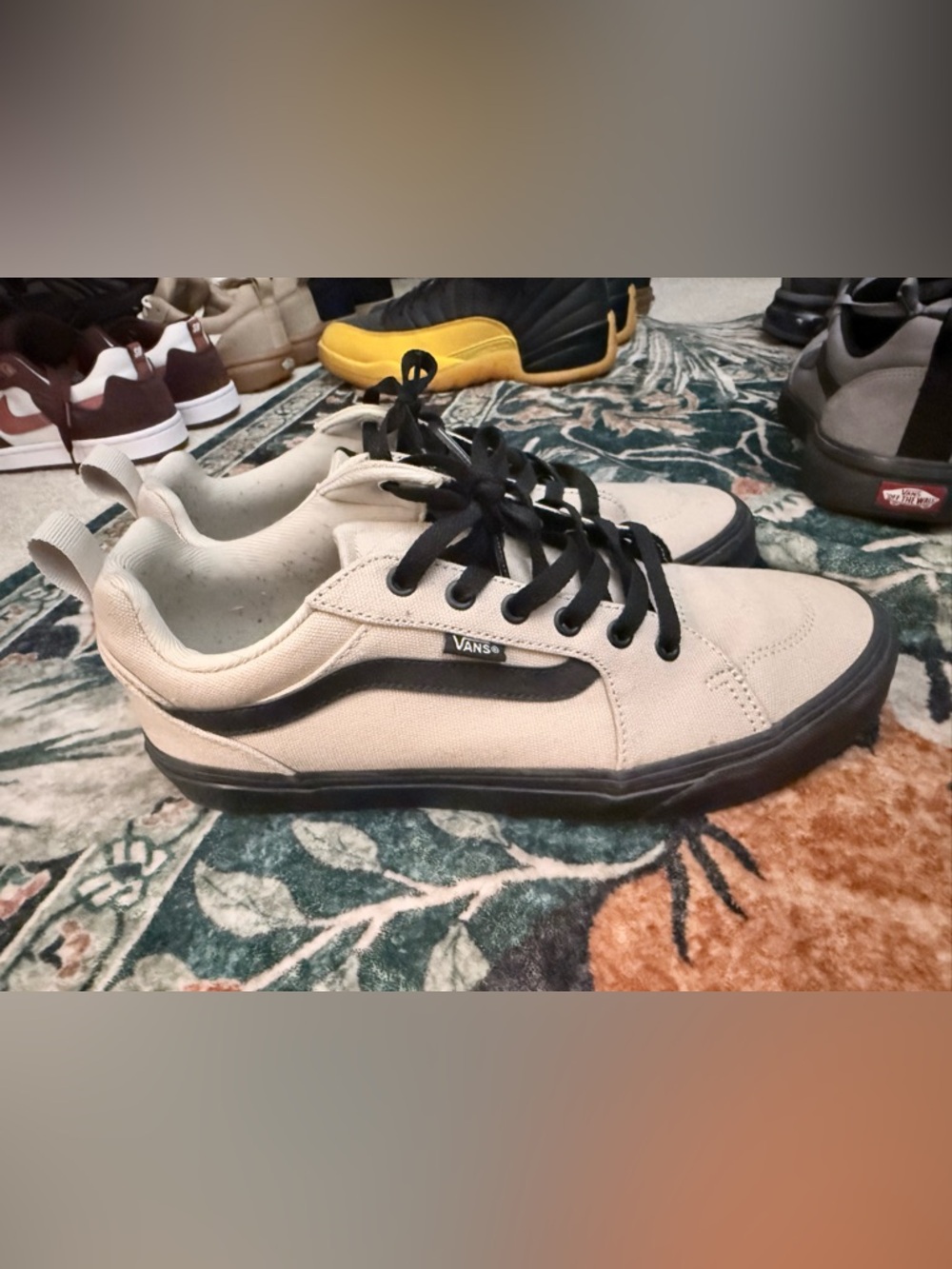Vans Men’s Low-Top Canvas Sneakers in Cream with Black Accents